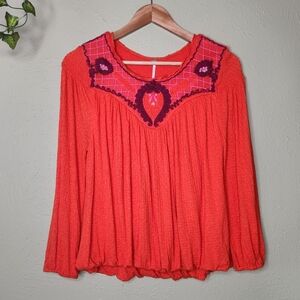 FREE PEOPLE Begonia Embroidered Viscose Linen Top XS Boho Blouson Orange Red